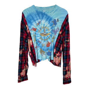 Custom Rework Beatles Bleached Plaid Flannel Sleeve Top M/L Oversized Cropped